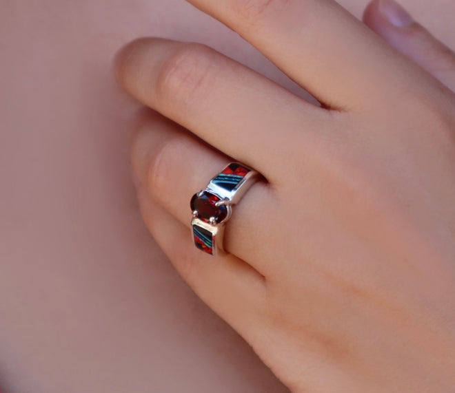 Garnet, Black Jade & Opal Inlayed Ring