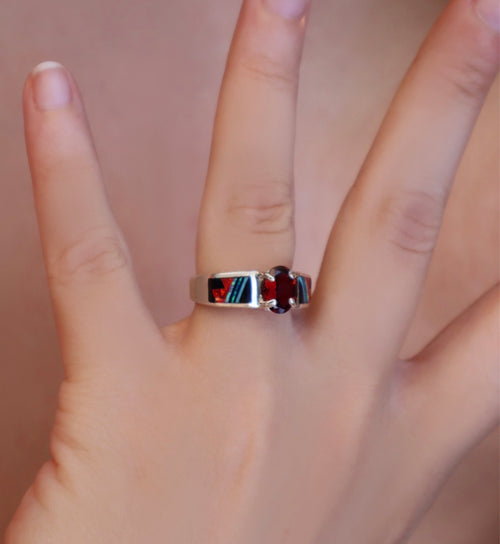 Garnet, Black Jade & Opal Inlayed Ring