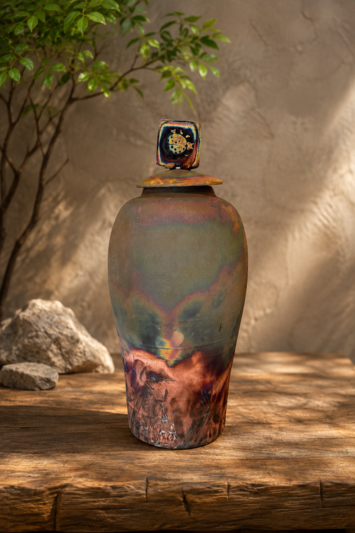 Iridescent raku pottery vase with sculptural ladybug lid in copper, green and smoky tones