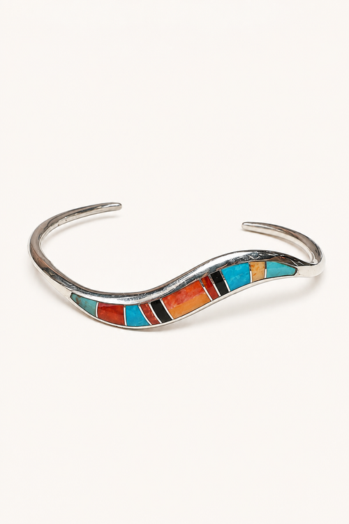 James Manygoats sterling silver inlay cuff with Kingman turquoise, red and orange spiny oyster and black jade