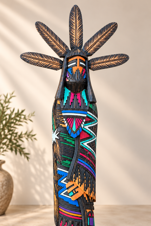 Close-up of large Jerold Guy Navajo Kachina showing five-feather crown, burned-line carving and colorful hand-painted details