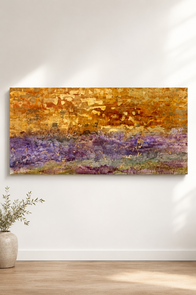 Dance of the Desert by Jodi Maas, original 24 x 48 mixed media painting on a wooden panel featuring rich texture, metallic gold, copper, and lavender tones.