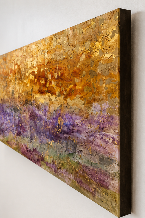 Side view of Dance of the Desert by Jodi Maas showing the richly textured mixed media surface on a wooden panel, ready to hang.