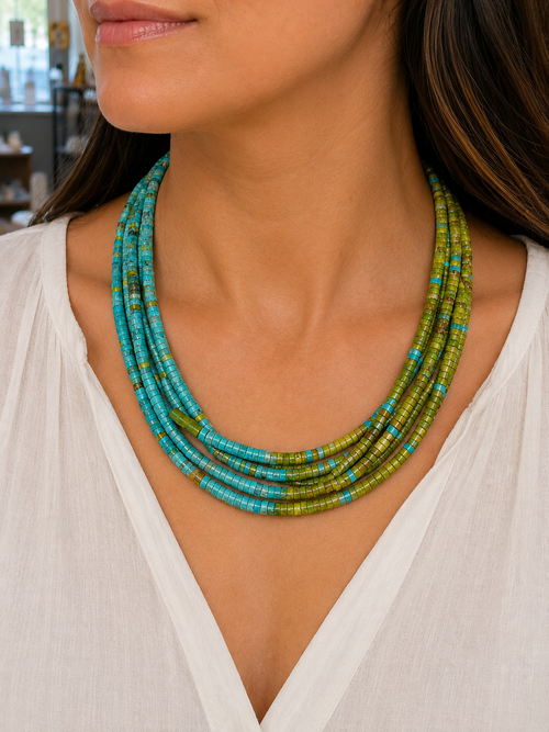 Kewa Pueblo five-strand turquoise and apple coral heishi necklace hand-strung by a Native American artist