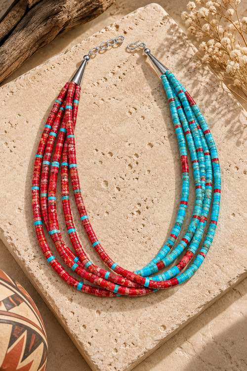 Five-strand turquoise and red coral heishi necklace by Kewa Pueblo artist Vera Tenorio