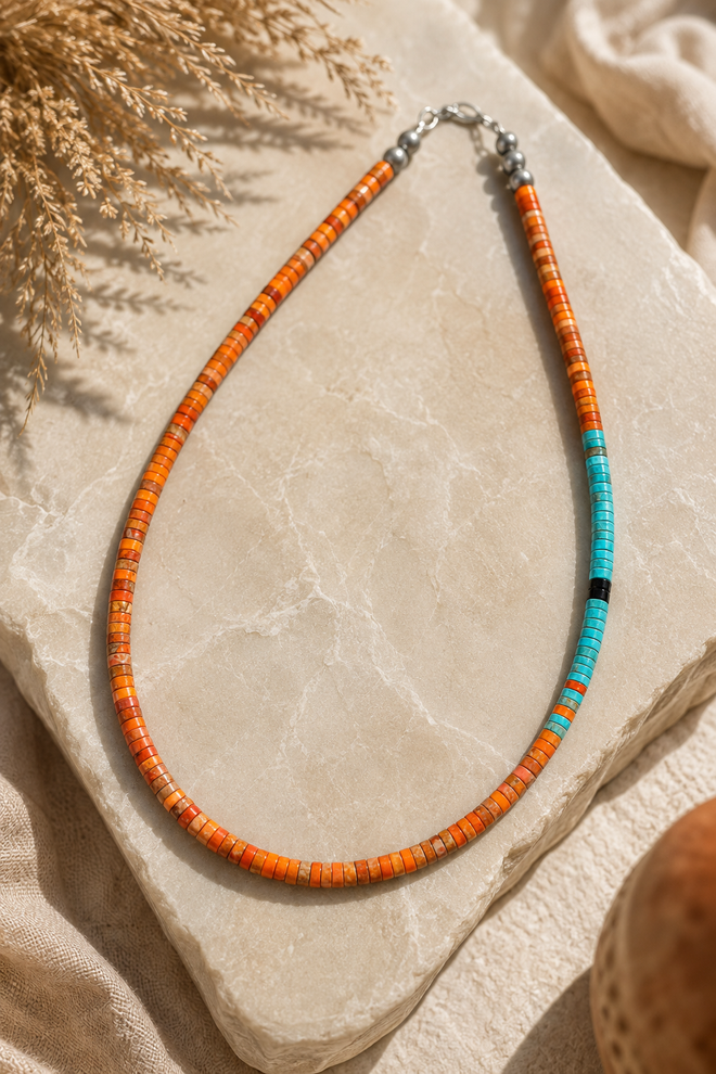 Kewa Pueblo orange spiny oyster and turquoise heishi necklace with black onyx accent