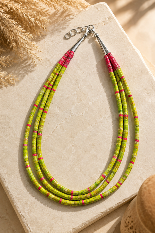 Kewa Pueblo three-strand apple coral heishi necklace with red spiny oyster accents