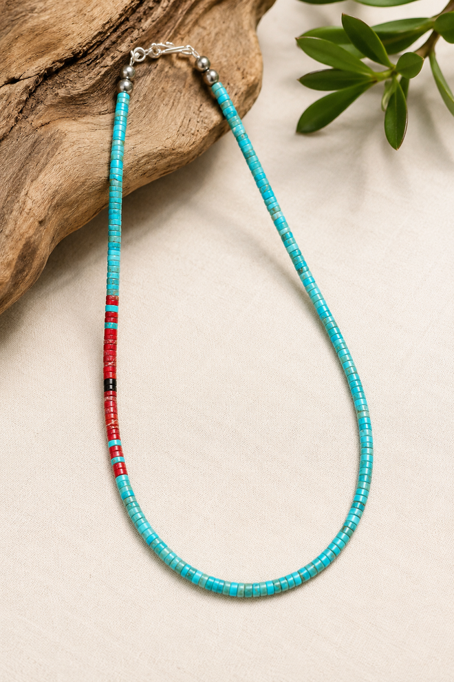 Kewa Pueblo hand-strung turquoise heishi necklace with red spiny oyster accents