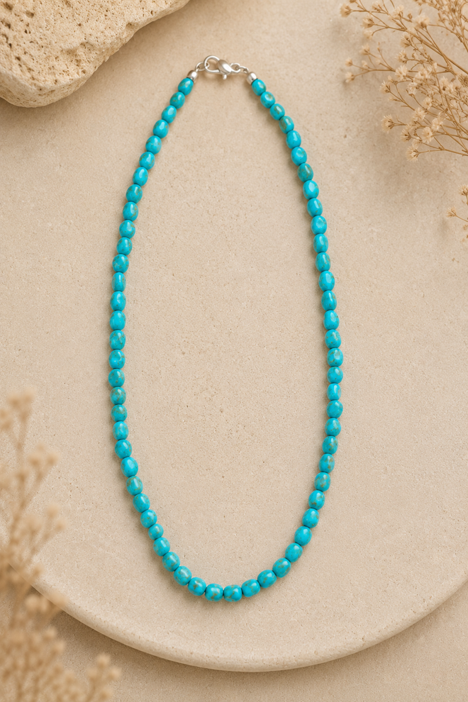 17 inch Kingman turquoise beaded necklace with small irregular turquoise stones and natural brown matrix