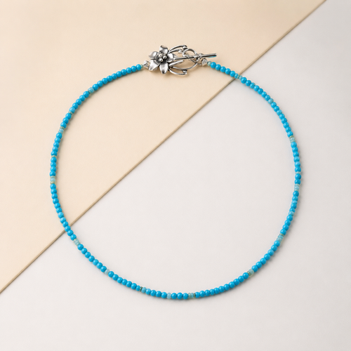 Genuine Kingman turquoise beaded necklace with sterling silver flower clasp