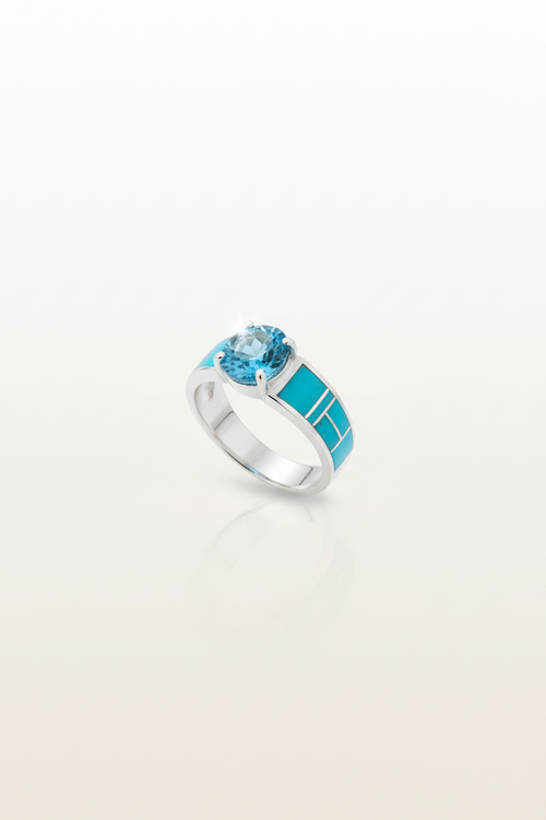Handmade Native American Kingman turquoise and blue topaz ring in sterling silver