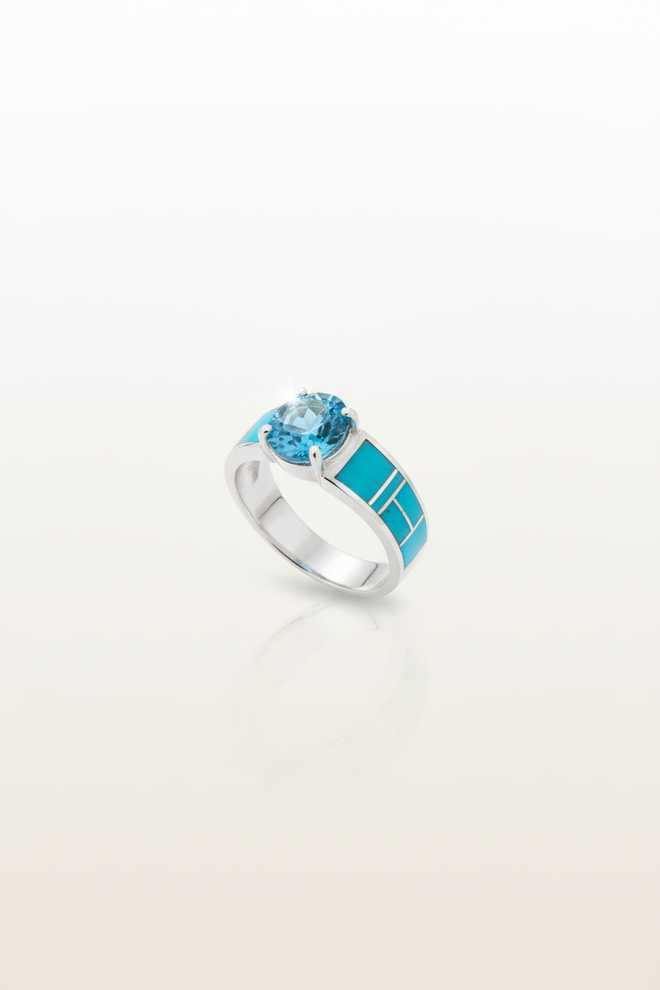 Handmade Native American Kingman turquoise and blue topaz ring in sterling silver