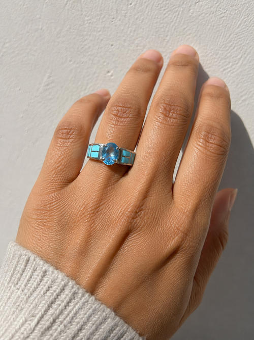 Authentic Navajo Kingman turquoise and blue topaz ring shown on hand to display its size and everyday fit.