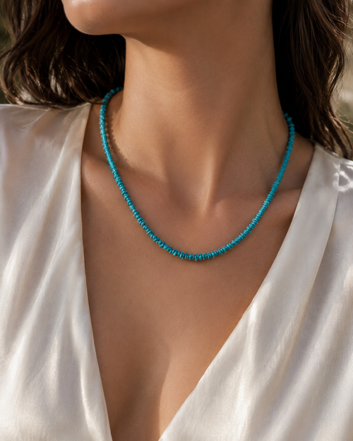 Kingman turquoise chip heishi necklace for women with sterling silver clasp