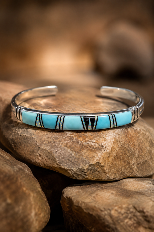 Native American Kingman turquoise inlay cuff bracelet in sterling silver with opal and black jade