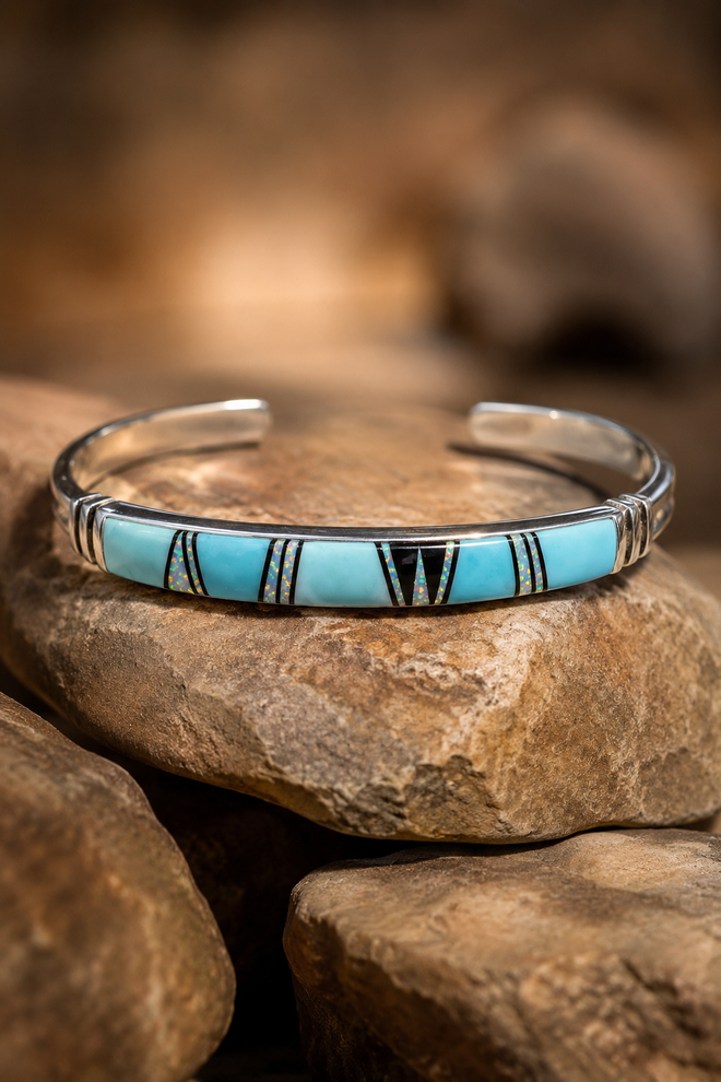 Native American Kingman turquoise inlay cuff bracelet in sterling silver with opal and black jade