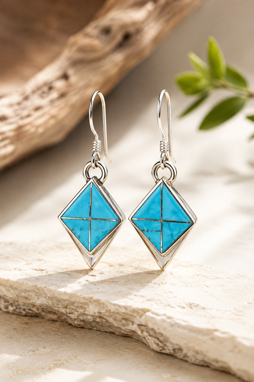 Kingman Turquoise Navajo inlay dangle earrings with geometric sterling silver line design