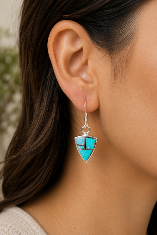 Kingman turquoise and opal sterling silver Navajo earrings by Marlene Begay shown on ear