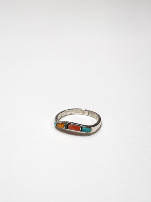 Petite curved multistone inlay ring with Kingman turquoise, red and orange spiny oyster, white opal and black jade