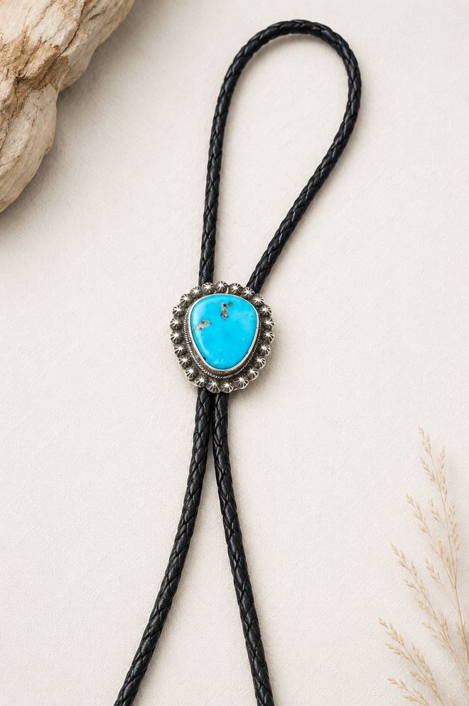 Arizona Blue Kingman turquoise bolo tie by S. Skeet with sterling silver setting and black braided leather cord