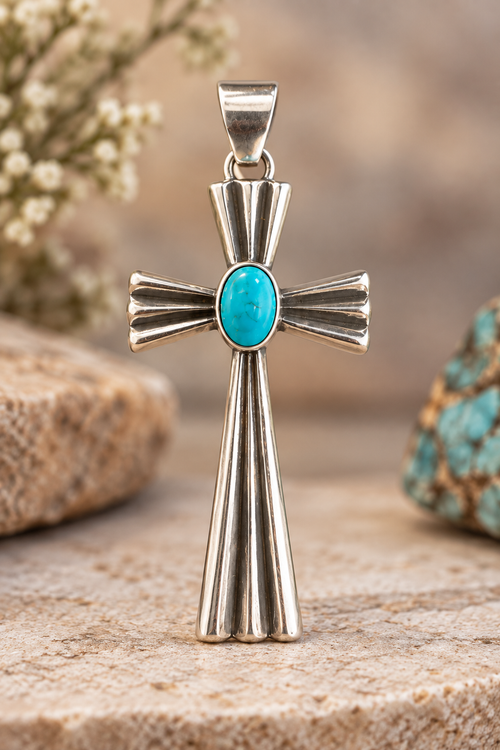 Navajo Kingman Turquoise Sterling Silver Cross Pendant