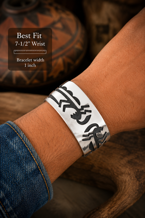 Wide sterling silver Kokopelli cuff bracelet with hand-cut overlay design