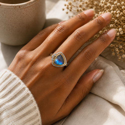Labradorite trillion ring on hand with blue flash gemstone and mixed metal setting