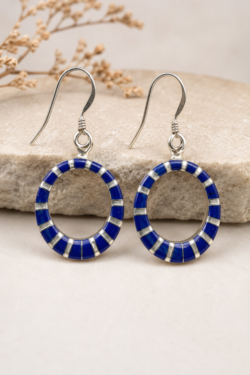 Lapis and mother of pearl inlay circle earrings in sterling silver
