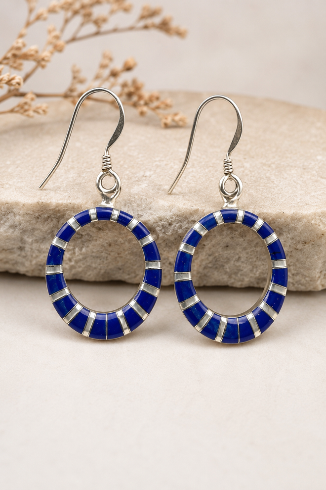 Lapis and mother of pearl inlay circle earrings in sterling silver