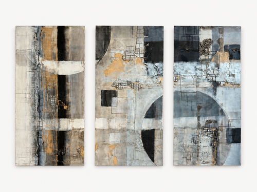 Large abstract triptych wall art by Arizona artist Michael Casey in neutral gray and gold palette