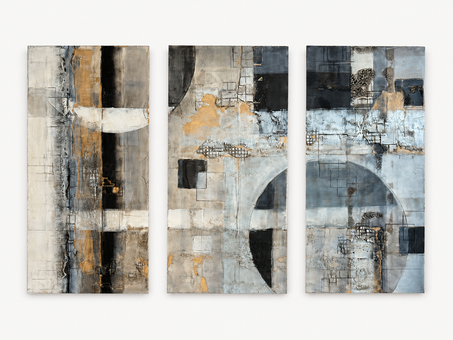Large abstract triptych wall art by Arizona artist Michael Casey in neutral gray and gold palette