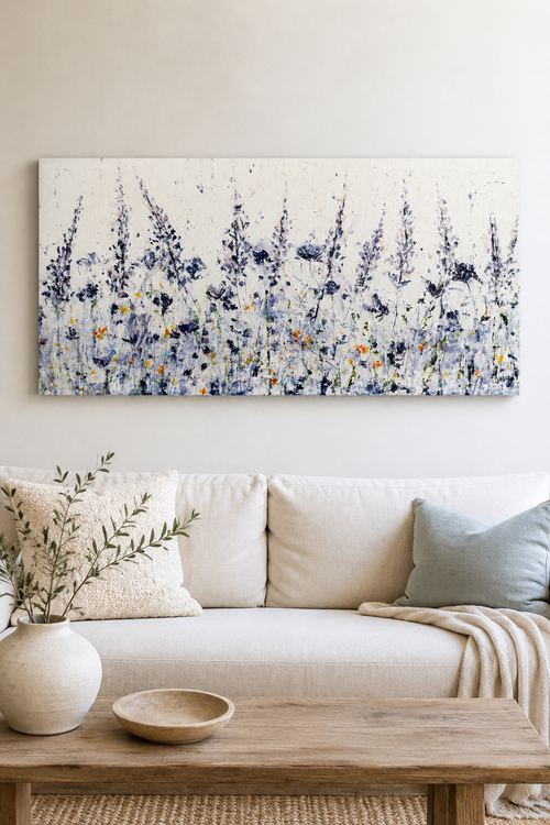 Large blue abstract floral wall art by Jodi Maas, original 24 x 48 acrylic painting