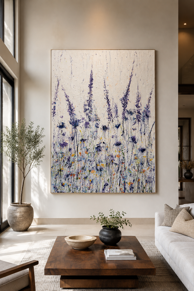 Large blue and purple abstract wildflower painting by Jodi Maas, original 36 x 48 acrylic on canvas