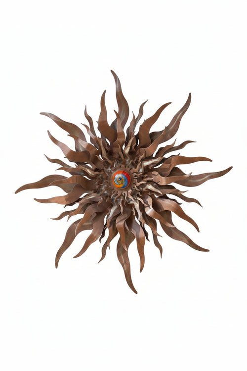Copper Sun Metal Wall Sculpture with Fused Glass Center