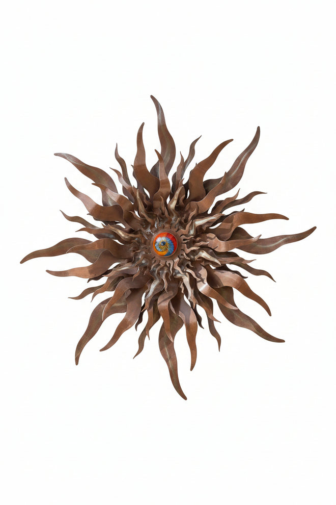 Copper Sun Metal Wall Sculpture with Fused Glass Center
