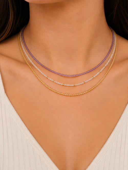 Layered citrine gemstone necklace styled with other necklaces for an elegant everyday look