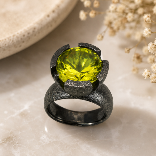 Lemon Quartz statement ring shown on hand featuring an 11x11mm round gemstone set in oxidized sterling silver.