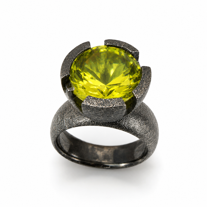Handmade 11x11mm round Lemon Quartz ring in oxidized sterling silver with contemporary artisan design.