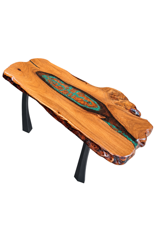 One-of-a-Kind Live Edge Mesquite Table with Turquoise & Copper Inlay – Handmade in Arizona (Copy)