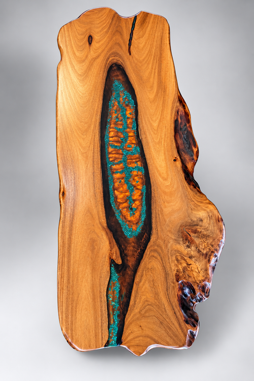 One-of-a-Kind Live Edge Mesquite Table with Turquoise & Copper Inlay – Handmade in Arizona (Copy)