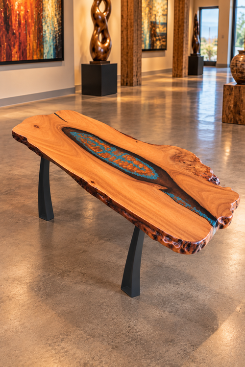 One-of-a-Kind Live Edge Mesquite Table with Turquoise & Copper Inlay – Handmade in Arizona (Copy)