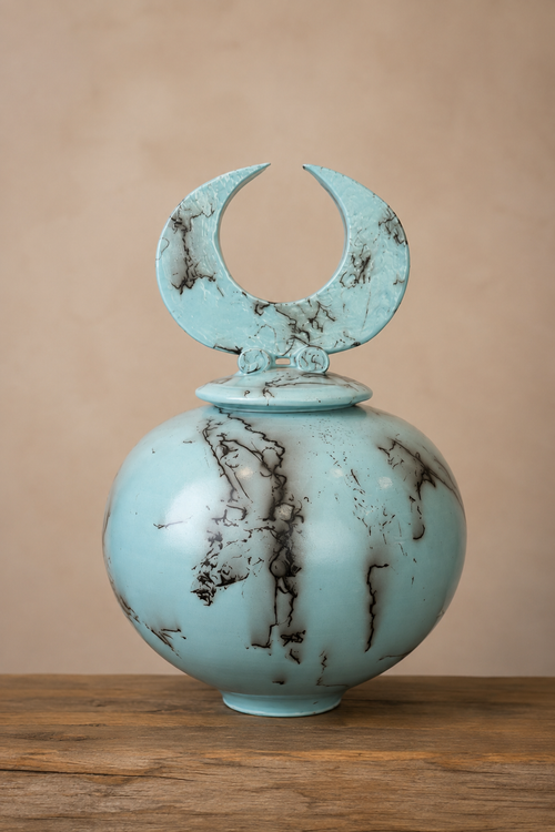 Light blue horsehair pottery lidded vessel with crescent-shaped lid