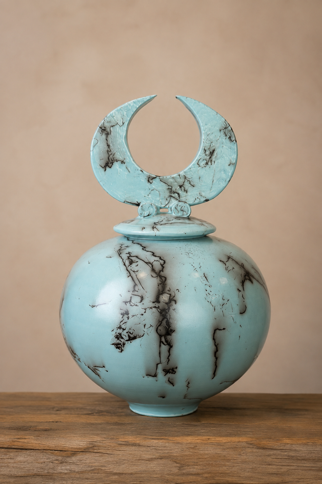 Light blue horsehair pottery lidded vessel with crescent-shaped lid