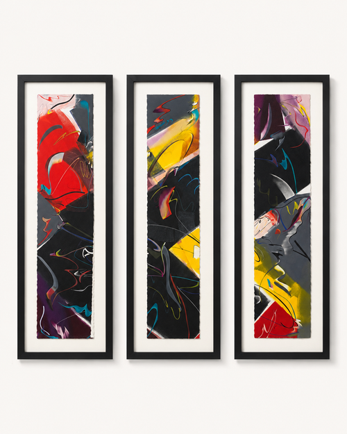 Little by Little by MaryAnn Sears original framed monoprint triptych with three vertical abstract panels.
