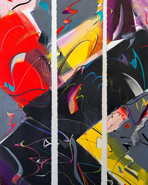 Close-up detail of Little by Little by MaryAnn Sears showing vibrant color, texture, and expressive monoprint lines.