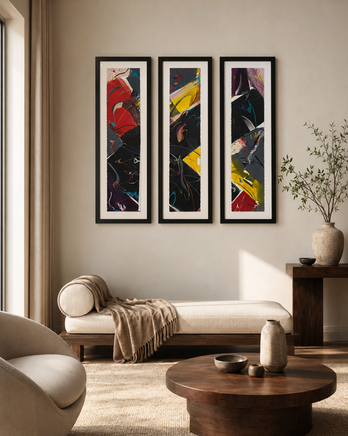 MaryAnn Sears Little by Little original framed abstract monoprint triptych displayed in a modern living room.
