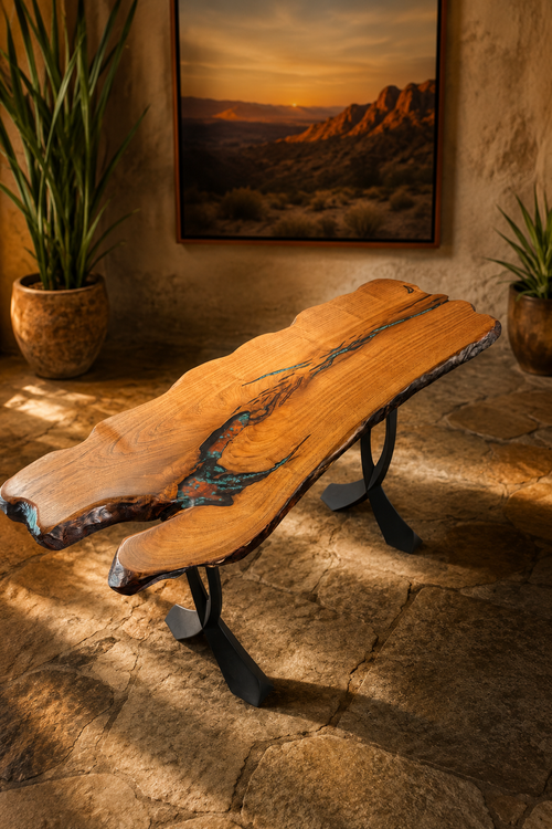 Live edge wood console table with turquoise and copper inlay and black metal legs