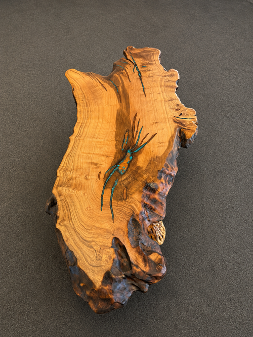 One-of-a-Kind Live Edge Mesquite Coffee Table with Turquoise & Copper Inlay – Handmade in Arizona