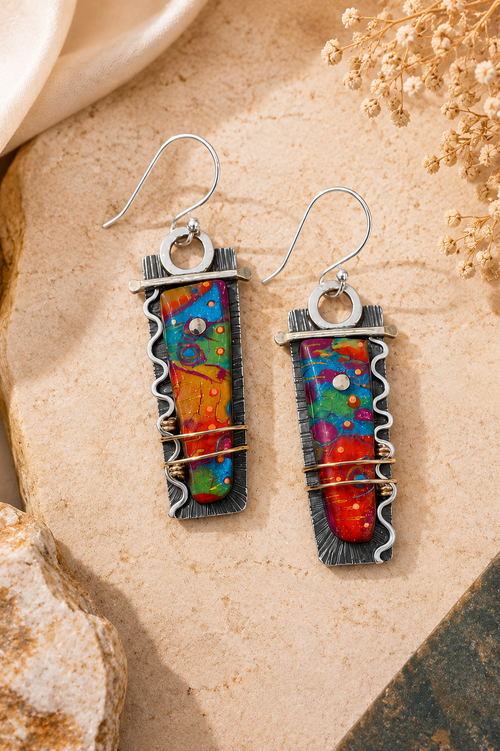 Long colorful statement earrings in sterling silver featuring vibrant red, blue, green, orange, and pink glass accents.