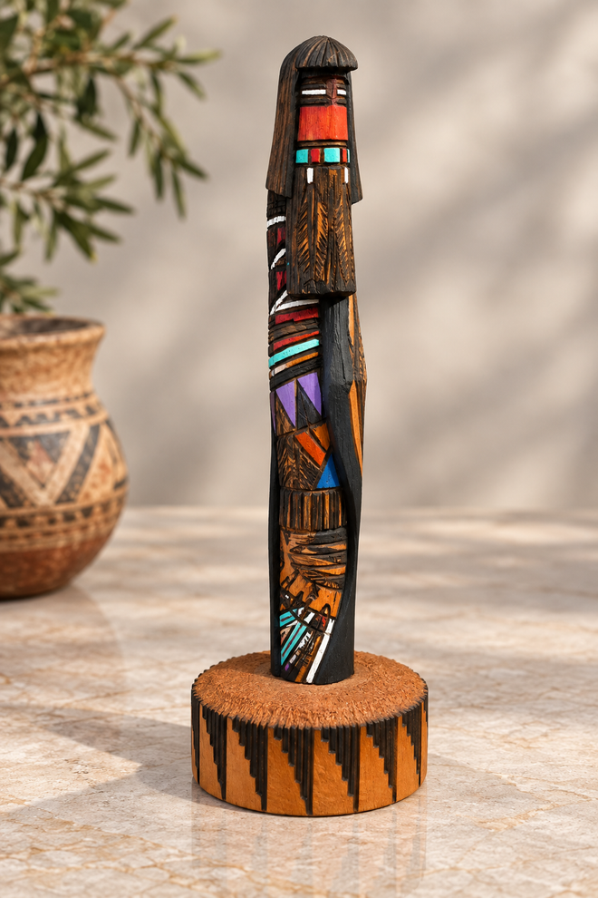Hand-carved Long Hair Kachina sculpture by Navajo artist Jerald Guy with painted and wood-burned details